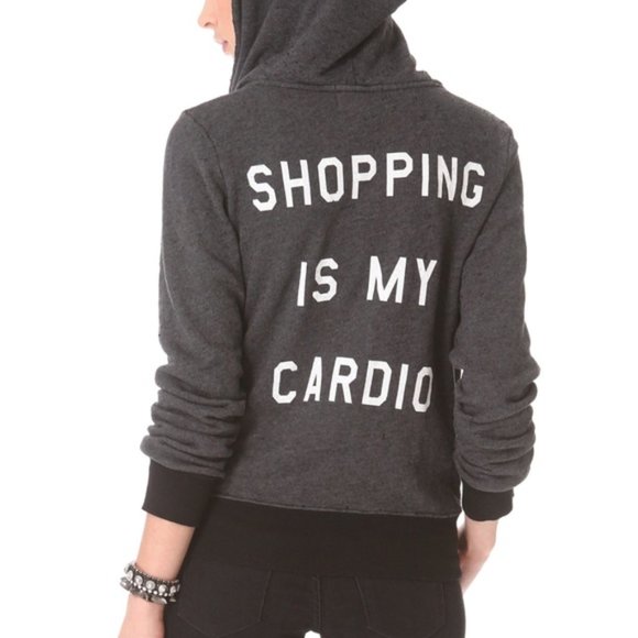 Vintage Wildfox Shopping is my Cardio Hooded Zip Up, Size Small, Grey/Black - Picture 2 of 5